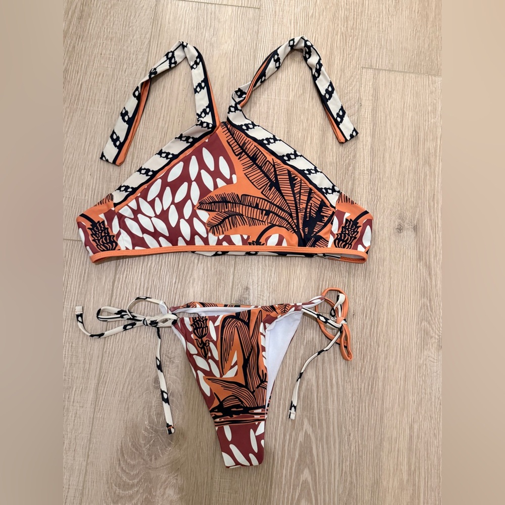 Commence Rust & White Tropical Print Tie Bikini Set